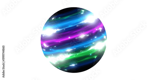 Abstract glowing cosmic sphere with vibrant swirling light trails illuminating a celestial orb in a dark universe, representing energy and motion