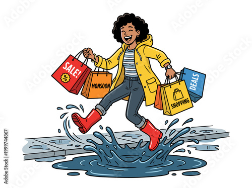 Woman jumping in puddles with shopping bags during monsoon sale