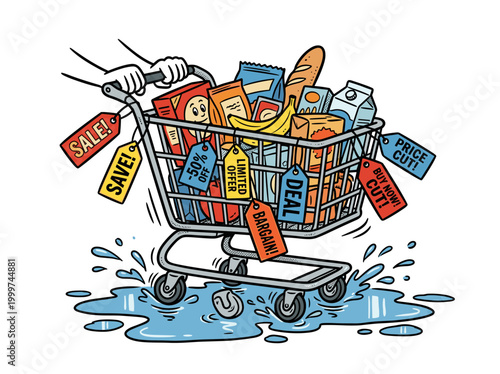 Shopping cart overflowing with groceries and sale tags in puddles
