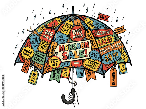 Umbrella overflowing with sale tags during monsoon season