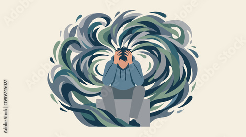 Photos Distressed person overwhelmed by swirling anxiety and dark thoughts