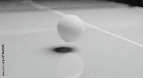 White sphere floating above a reflective surface, casting a shadow, in a minimalist and abstract composition.