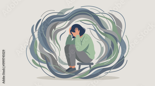 Photos Person curled up inside swirling abstract lines representing anxiety and inner turmoil