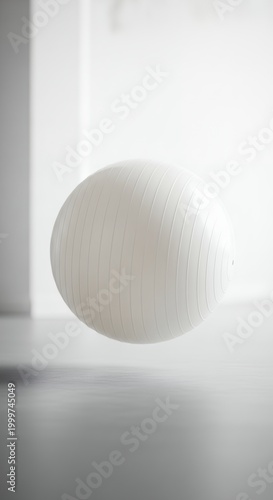 White Sphere Floating in a Bright, Minimalist Room with Soft Light and Shadows.