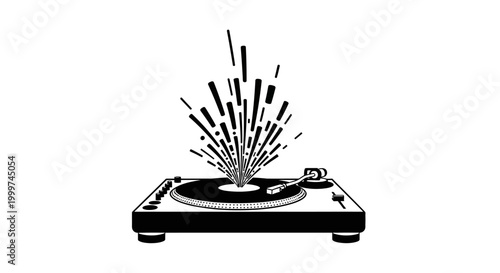 Black turntable with flying records.