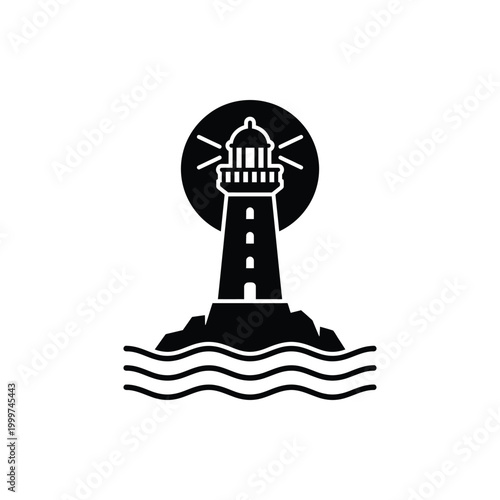 Simple solid black lighthouse icon on a rocky shore with calm waves and glowing light, clear design represents coastal navigation and maritime safety and a symbol of reliable direction.