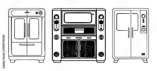 Retro cabinet set with simple line art and minimalistic black outline on white background featuring home storage, kitchen furnishings, vintage cabinetry with hinges and drawers