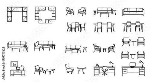 Comprehensive Collection of Architectural Furniture Vector Icons for AutoCAD 2D, Featuring Sofa and Couch Sets, Desk Layouts, and Dining Chairs for Professional Floor