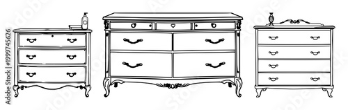 Vintage dresser set with black line art and white background featuring furniture, interior design, bedroom décor with illustration and vector graphics
