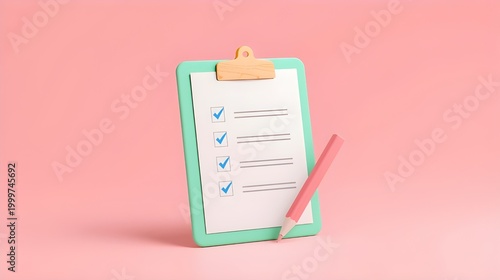 Green clipboard, Checklist and pencil on pink background, Data check, 3d render illustration.