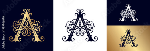Ornate capital letter a monogram in gold and dark blue background.