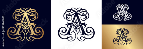 Intricate capital letter a design in gold and dark background.