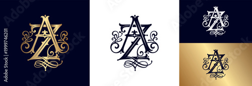 Golden monogram AZ flourished initials logo isolated on dark navy blue background.