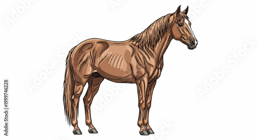 Majestic brown horse standing gracefully on a white background.