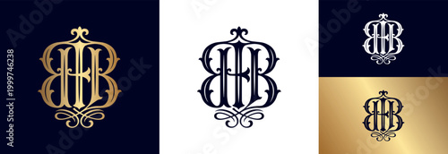 Double letter bb monogram vintage elegant initial in gold and white on dark.