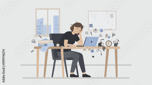 Photos Overworked professional surrounded by a cluttered home office desk and multiple devices