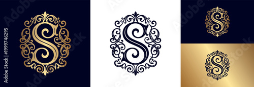 Ornate letter S initial within decorative oval frame antique floral design gold.