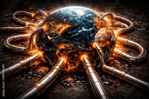 Global oil dependency and energy infrastructure concept with Earth connected by pipelines