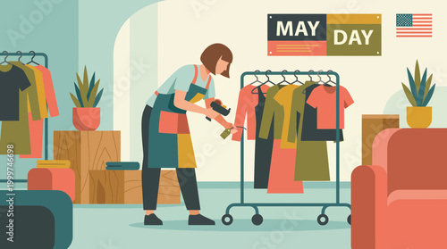 Retail worker tagging clothes for a May Day sale in a boutique