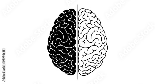 Split Brain Concept: Black and White Hemispheres, Symbolizing Duality, Logic vs Emotion