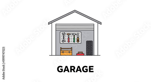 Simple Garage Interior with Tools, Tire, and Toolbox - Flat Design