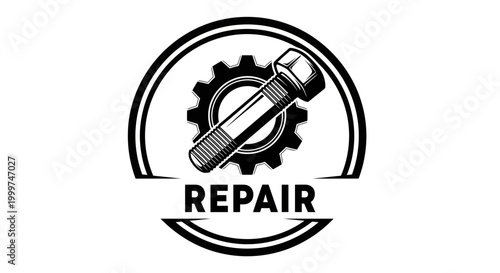 Industrial Bolt and Gear Emblem with "Repair" Text - Black and White Vector Icon