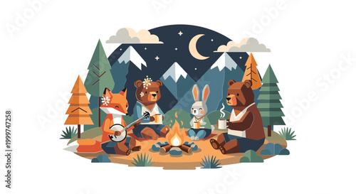 Cute cartoon forest animals gathering around a glowing campfire.