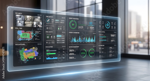 Advanced smart building automation technology interface displaying comprehensive security surveillance fire safety protocols lighting control water management systems and energy efficiency metrics