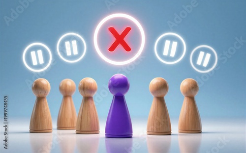 Purple pawn stands out among wooden pawns surrounded by pause and