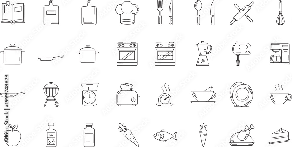 Fototapeta premium Collection of black and white line for kitchen and food preparation cooking line black and white