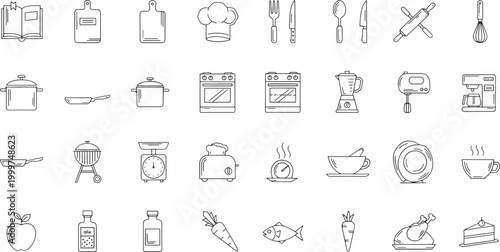 Collection of black and white line for kitchen and food preparation cooking line black and white