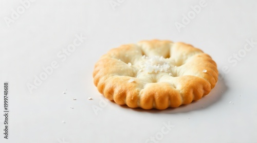 A single baked dough circle adorned with small crystalline salt flakes against a stark white backdrop