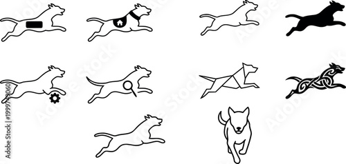 Collection of Dog Silhouettes and Line Art Icons Showing Various Poses and Styles