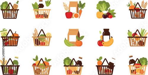 Grocery Shopping Basket Icon Set with Fresh Fruits Vegetables Bread Dairy and Organic Food Items for Supermarket Illustration and Healthy Lifestyle Design