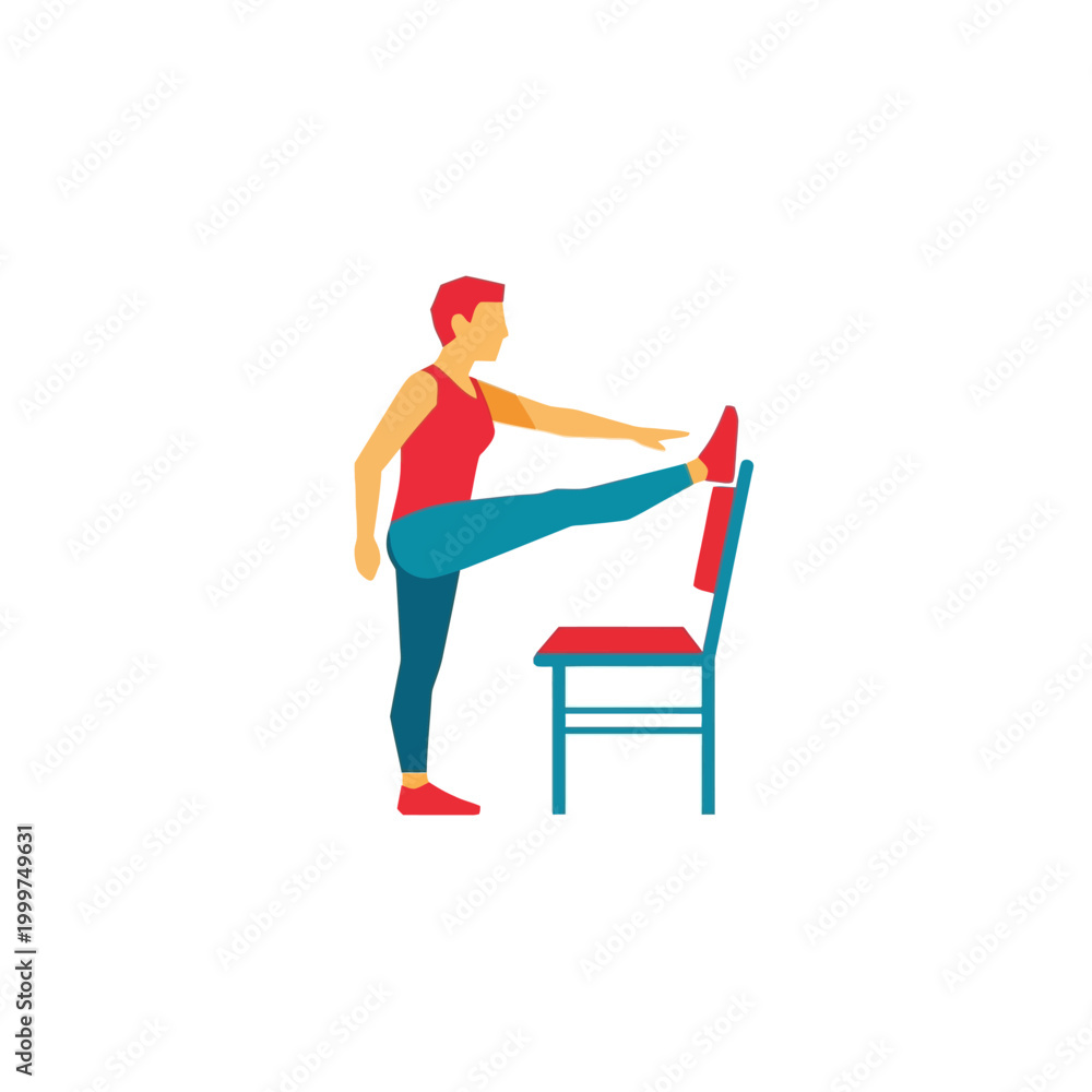 Fototapeta premium A stylized illustration of a person stretching their leg on a chair, demonstrating a fitness exercise for flexibility.