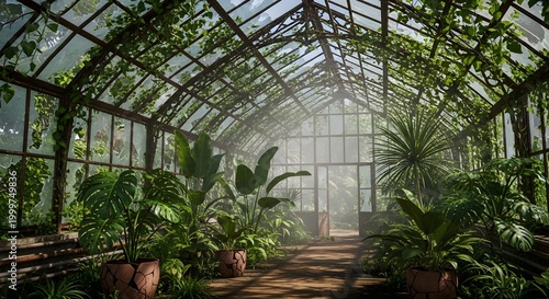 Rustic Aesthetic Greenhouse Filled with Lush Greenery and Sunlight