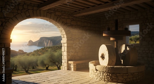 Captivating Rustic Aesthetic Traditional Olive Mill Interior Bathed in Golden Light, Framing a Coastal Mediterranean View