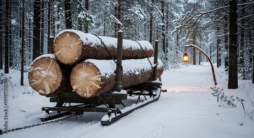 Rustic Aesthetic Logging Sleigh Loaded with Timber in a Snowy Winter Forest Landscape