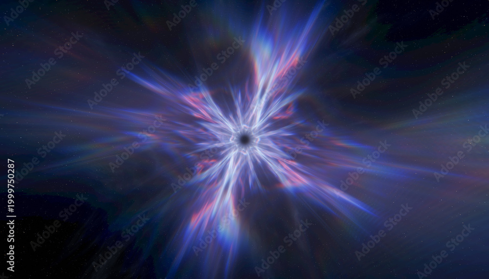 Fototapeta premium Cosmic Energy Burst Over a Black Hole Nebula With Aurora Streams — 3D Rendering Space Art