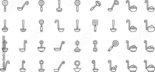 Collection of Outline Representing Various Ladles and Skimmers kitchen utensil cooking tool