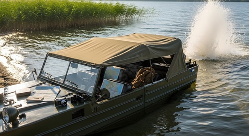 Rustic Aesthetic Amphibious Vehicle Navigating Calm Waters with Spray