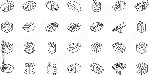 Set of isometric line sushi and food on white background sashimi nigiri maki roll