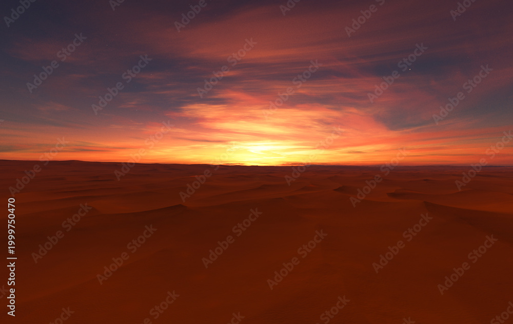 Obraz premium Desert Sunset Over Rolling Sand Dunes at Horizon — Vibrant 3D Rendering of Vast Landscape