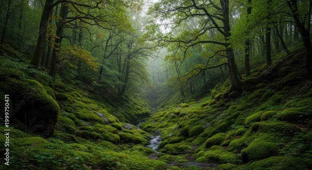 Fototapeta premium A serene forest scene with mossy hills, trees, and a stream, surrounded by lush greenery and natural beauty.