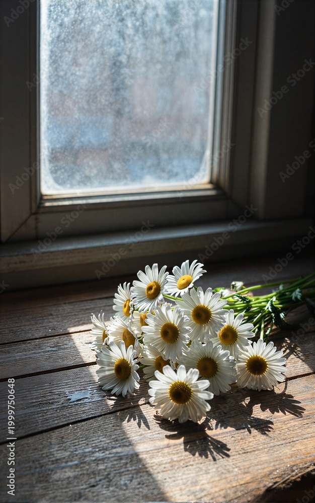 Naklejka premium Sunlit daisies rest on rustic wooden floor near window casting soft