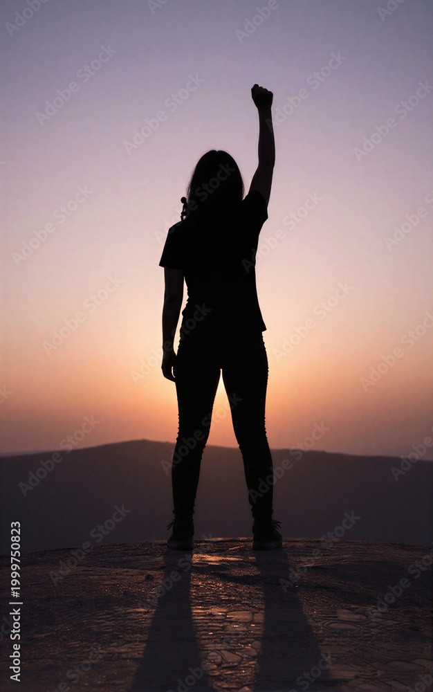 Fototapeta premium Silhouetted figure stands atop hill arms raised in triumph against