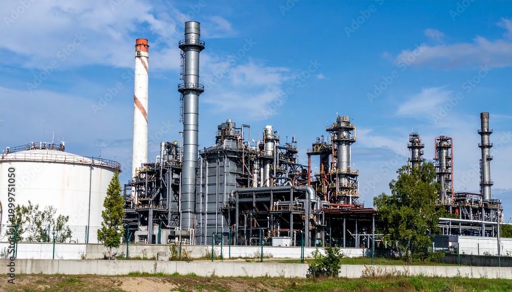 Obraz premium Oil Refinery Complex with Towers and Storage Tanks