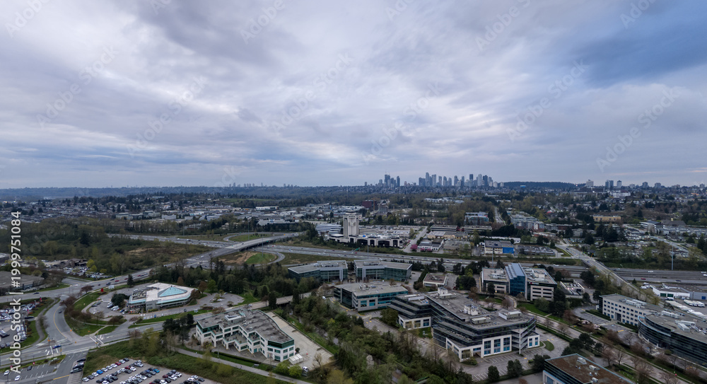 Fototapeta premium Aerial View Of Burnaby Skyline And Suburban Business Districts In Greater Vancouver, British Columbia, Canada