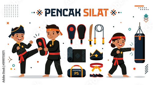 Dynamic illustration of young martial arts practitioners honing their skills with various training equipment, showcasing discipline and traditional combat sports