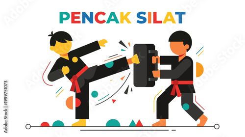 Pencak Silat Martial Art Dynamic Duo in Action with Kickboxing and Training Pad Illustration